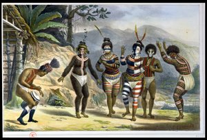 Indianer som dansar vid San Jose Mission, från "Voyage Pittoresque et Historique au Bresil", graverad av Charles Etienne Pierre Motte (1785-1836) och publicerad 1839.